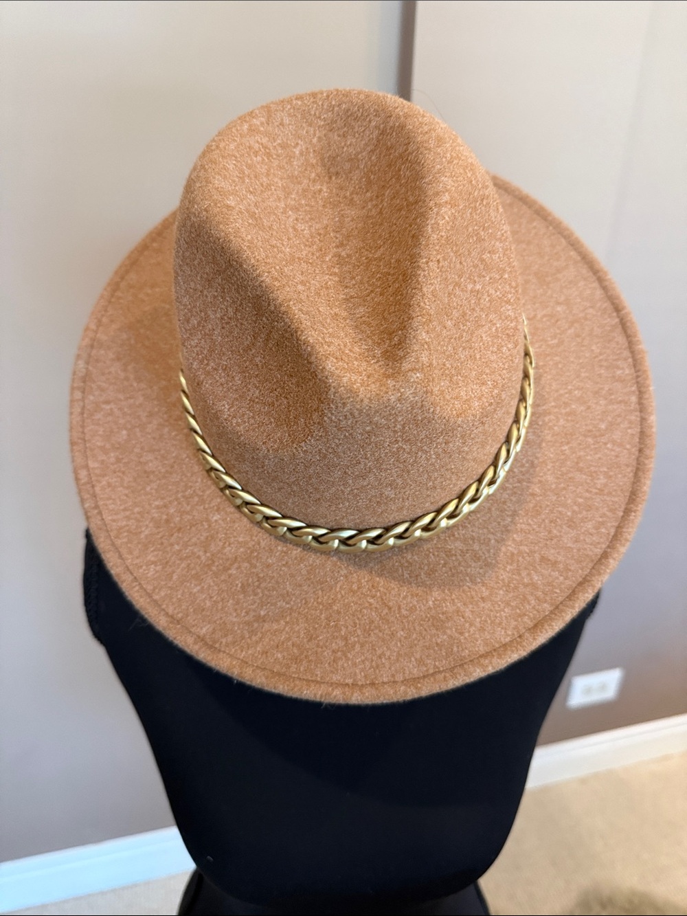 C.C Camel Felt Fedora with Gold Chain Accent